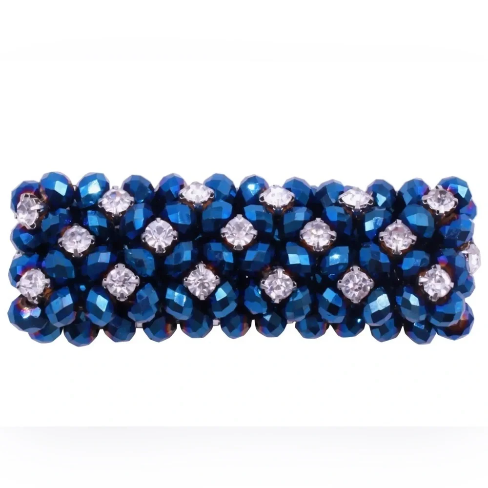 Vintage sapphire blue elongated crystal beads with interwoven rhinestones EUC